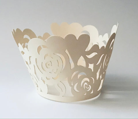 12 pcs Ivory Roses & Hearts Cupcake Wrappers