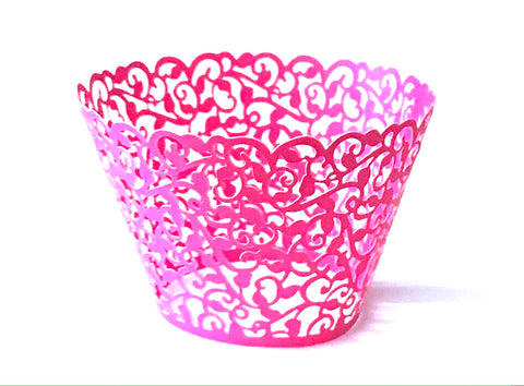 12 pcs Fuchsia Pink Classic Lace Cupcake Wrappers