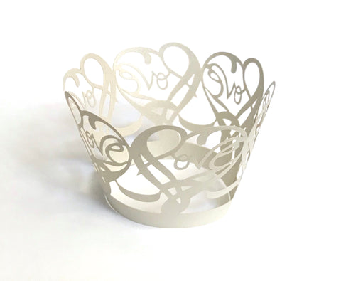 12 pcs Silver Gray Love Heart Lace Cupcake Wrappers