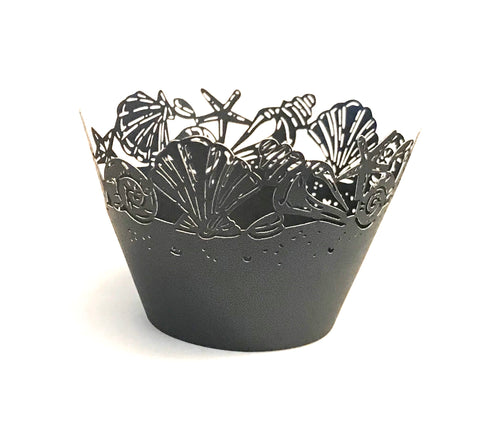 12 pcs Dark Gray Seashell Cupcake Wrappers Grey