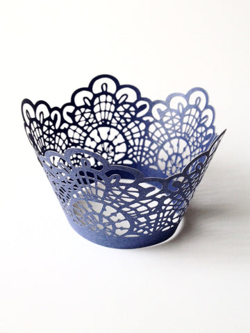 12 pcs Navy Blue Crochet Lace Cupcake Wrappers