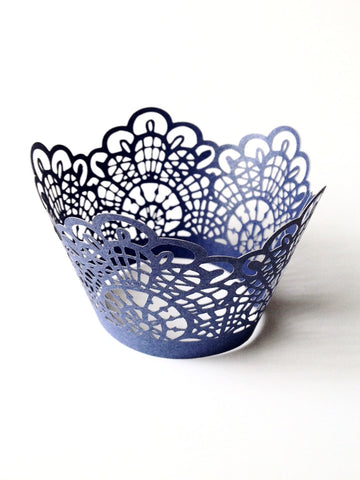 12 pcs MINI (Small) Navy Blue Crochet Lace Cupcake Wrappers