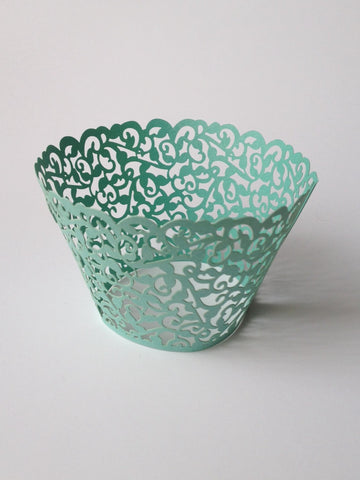 12 pcs Seagreen Classic Lace Cupcake Wrappers Turquoise Green Standard Size