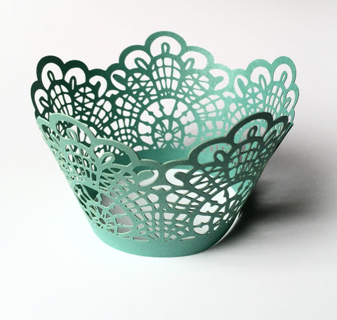 12 pcs Turquoise Green Crochet Lace Cupcake Wrappers