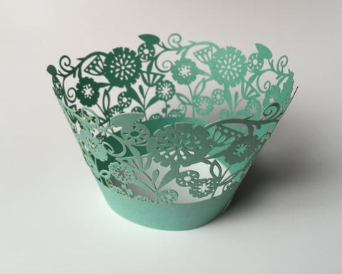 12 pcs Turquoise Green Garden of Flowers Cupcake Wrappers
