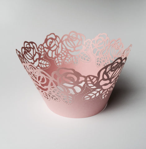 12 pcs MINI (Small) Pink Rose Lace Cupcake Wrappers