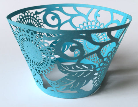 12 pcs Blue Turquoise Flower & Leaves Cupcake Wrappers