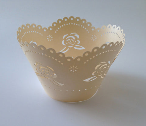 12 pcs Pearlized Ivory Scallop Rose Design Cupcake Wrappers