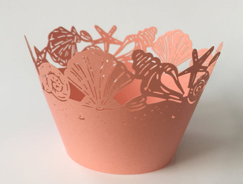 12 pcs MINI (Small) Peach Coral Seashells Cupcake Wrappers