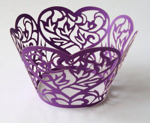 12 pcs Purple Heart Lace Cupcake Wrappers