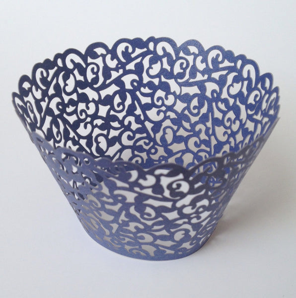 12 pcs Royal Blue Classic Filigree Lace Cupcake Wrappers