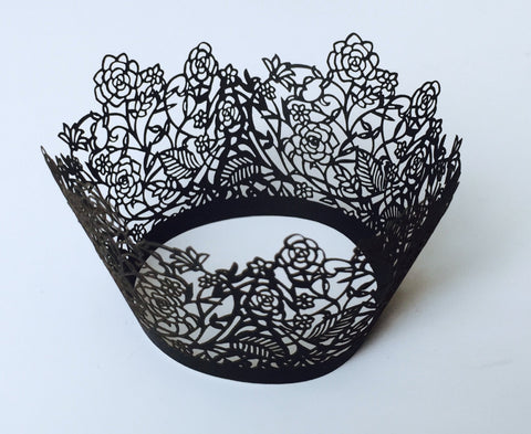 12 pcs Black Lace Rose Design Cupcake Wrappers