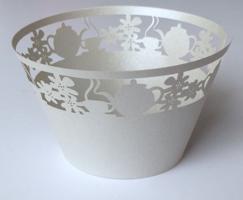 12 pcs Silver Gray Tea Cup & Kettle Lace Cupcake Wrappers