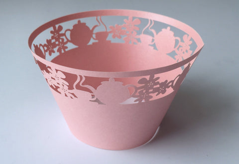12 pcs Pink Tea Cup & Kettle Lace Cupcake Wrappers