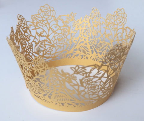 12 pcs Yellow (Saffron) Lace Rose Cupcake Wrappers