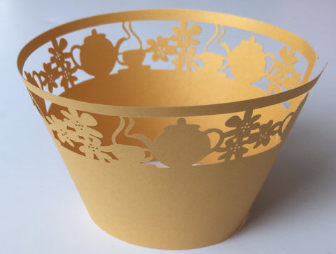 12 pcs Yellow (Saffron) Tea Cup & Kettle Lace Cupcake Wrappers