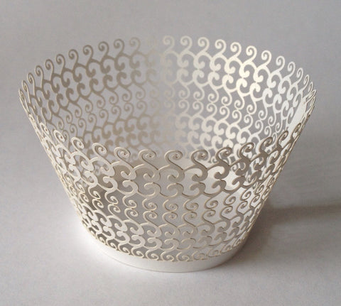12 pcs White Filigree II Cupcake Wrappers