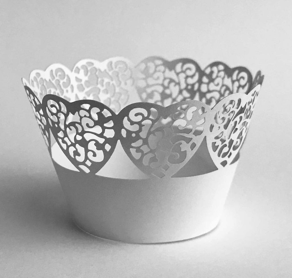 12 pcs MINI (Small) White Heart Edge Lace Cupcake Wrappers Sweet
