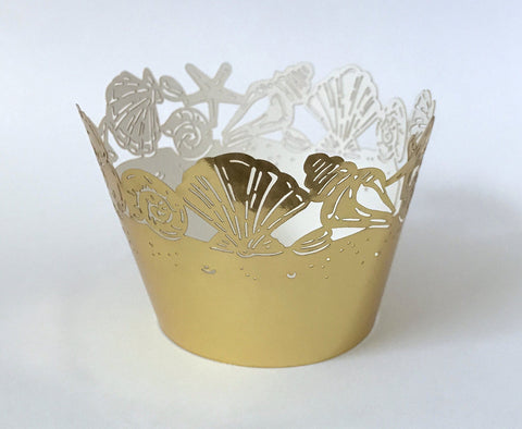 12 pcs Gold Metallic Seashells Cupcake Wrappers