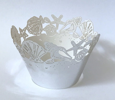 12 pcs MINI (Small) Silver Metallic Seashells Cupcake Wrappers