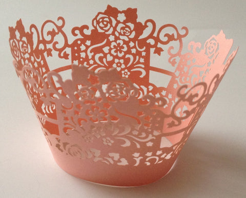 12 pcs Peach Coral Lace Rose Box Cupcake Wrappers