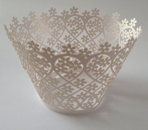 12 pcs Pearlize White Flower Lace Cupcake Wrappers