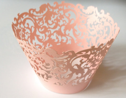 12 pcs Pink Damask Filigree Cupcake Wrappers