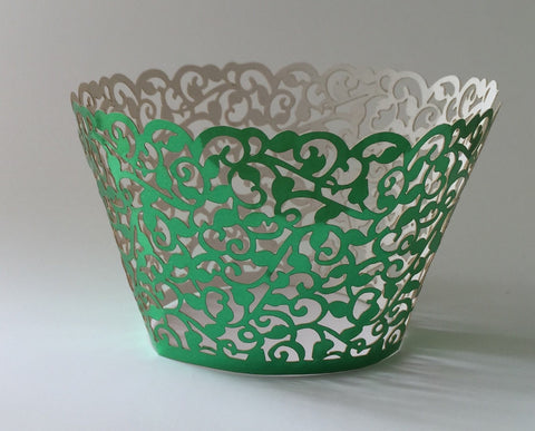 12 pcs Metallic Shiny Green Filigree Classic Lace Cupcake Wrappers