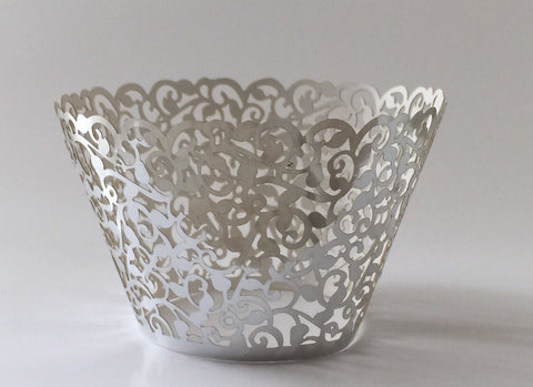 12 pcs Metallic Silver Classic Lace Cupcake Wrappers