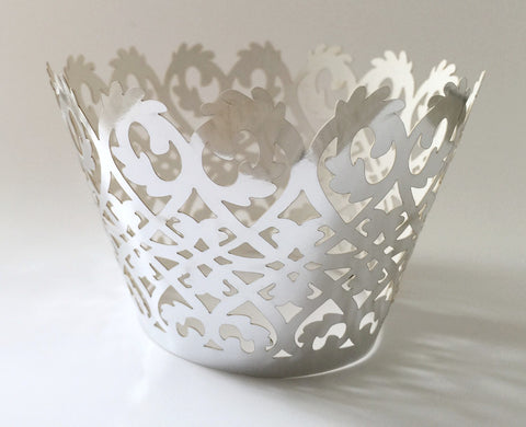 12 pcs Metallic Silver Lace Damask Cupcake Wrappers