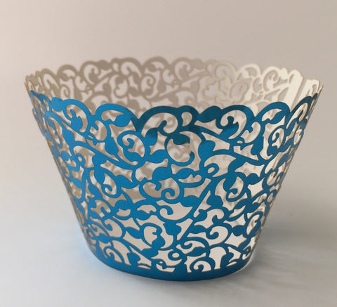 12 pcs Metallic Shiny Blue Filigree Classic Lace Cupcake Wrappers