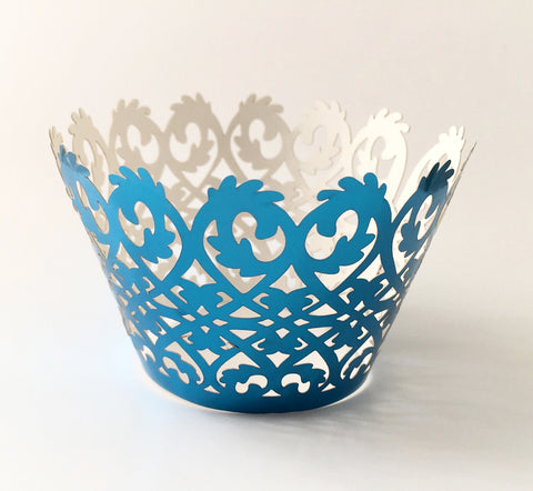 12 pcs Metallic Blue Lace Damask Cupcake Wrappers