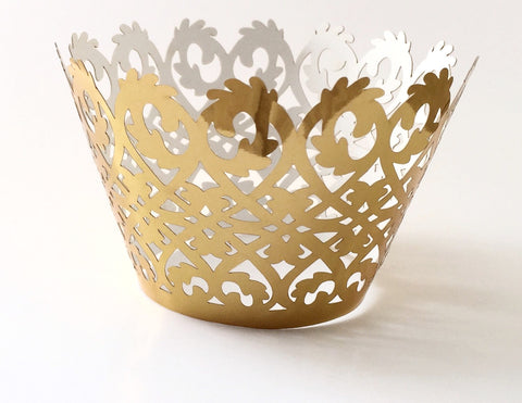 12 pcs Metallic Gold Damask Lace Cupcake Wrappers