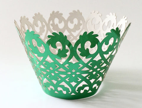 12 pcs Metallic Green Damask Cupcake Wrappers