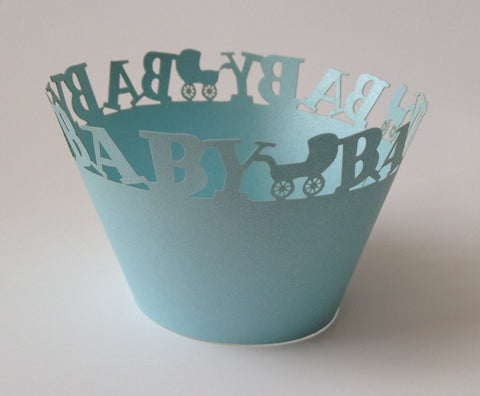 12 pcs MINI (Small) Baby Blue Carriage Cupcake Wrappers