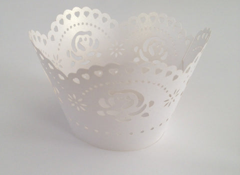 12 pcs Pearlized White Scallop Rose Cupcake Wrappers