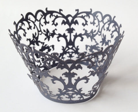 12 pcs Pearlized Black Charcoal Damask Lace Cupcake Wrappers