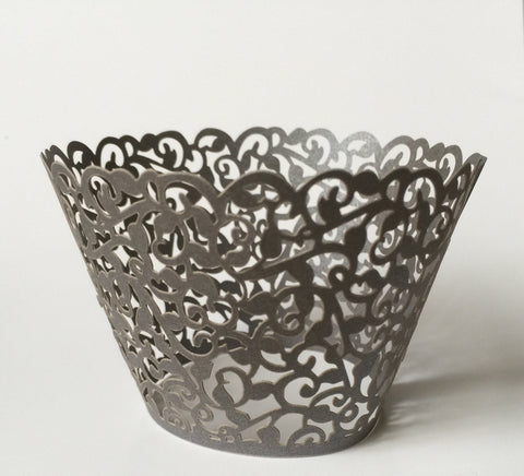 12 pcs MINI (Small) Dark Gray Filigree Lace Cupcake Wrappers