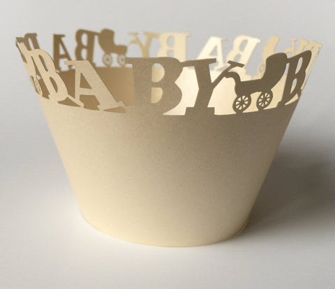 12 pcs Ivory Baby Carriage Cupcake Wrappers