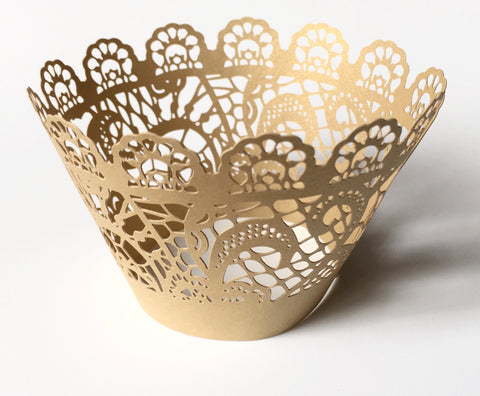 12 pcs Gold Crochet Floral Lace Cupcake Wrappers