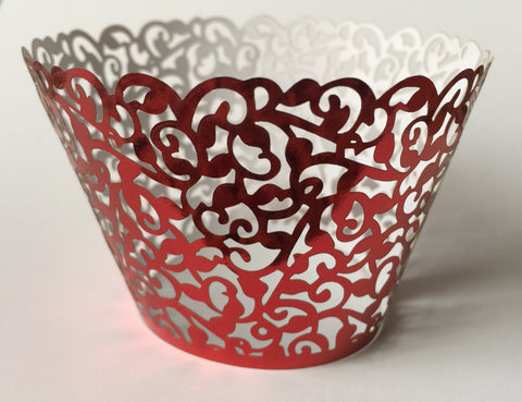12 pcs Metallic Red Classic Lace Cupcake Wrappers