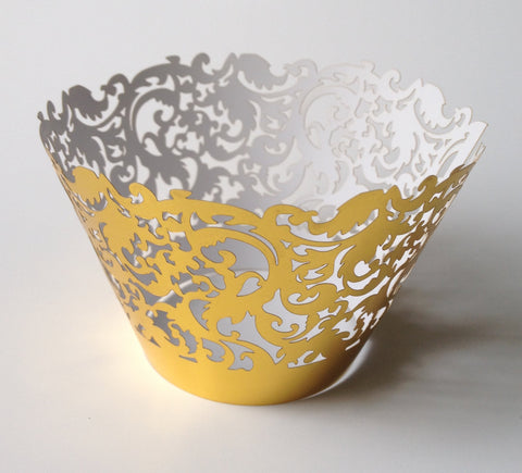 12 pcs Metallic Gold Damask Lace Cupcake Wrappers