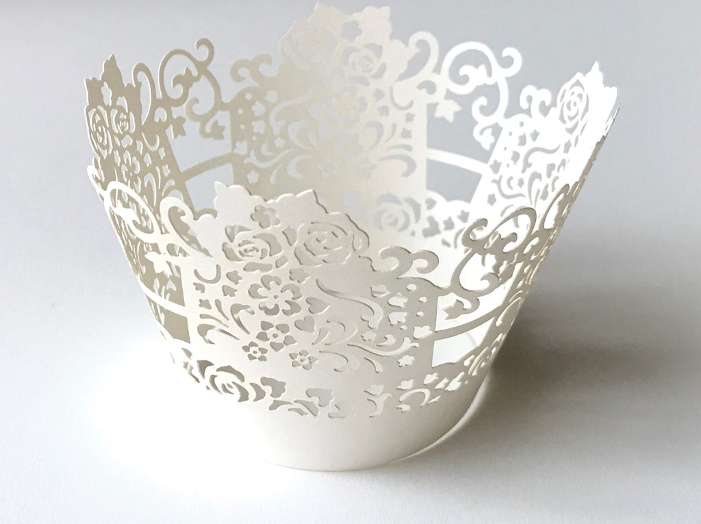 White Roses Color Wrapper 12 pcs Pale White Rose Lace Box Cupcake Wrappers – Sweet Crafty Tools