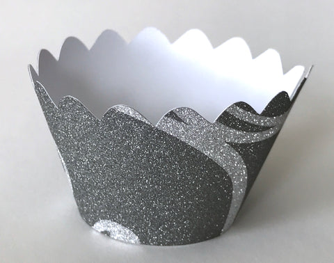 12 pcs MINI (Small) Glitter Charcoal and White Scallop Cupcake Wrappers