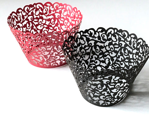12 pcs Red & Black (6 in red and 6 in black) Classic Filigree Lace Cupcake Wrappers