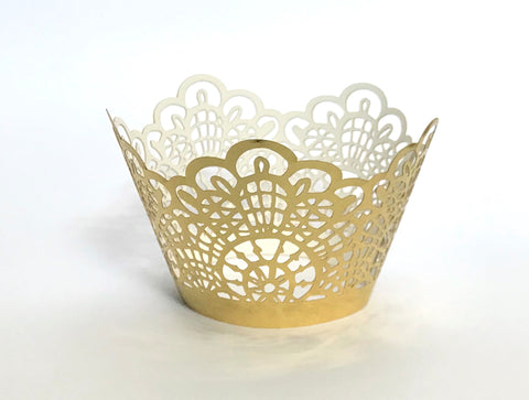 12 pcs Shiny Metallic Gold Crochet Lace Cupcake Wrappers
