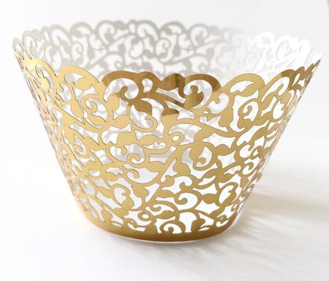 12 pcs Metallic Gold Classic Lace Cupcake Wrappers