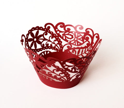 12 pcs Red Paisley Flowers Cupcake Wrappers