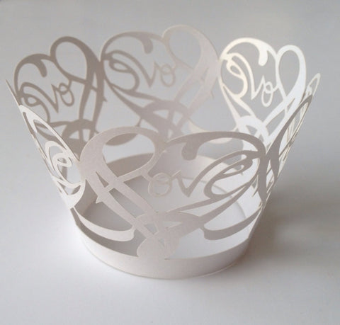 12 pcs White Love Heart Lace Cupcake Wrappers