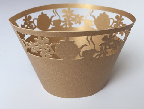 12 pcs Gold Tea Cup & Kettle Cupcake Wrappers